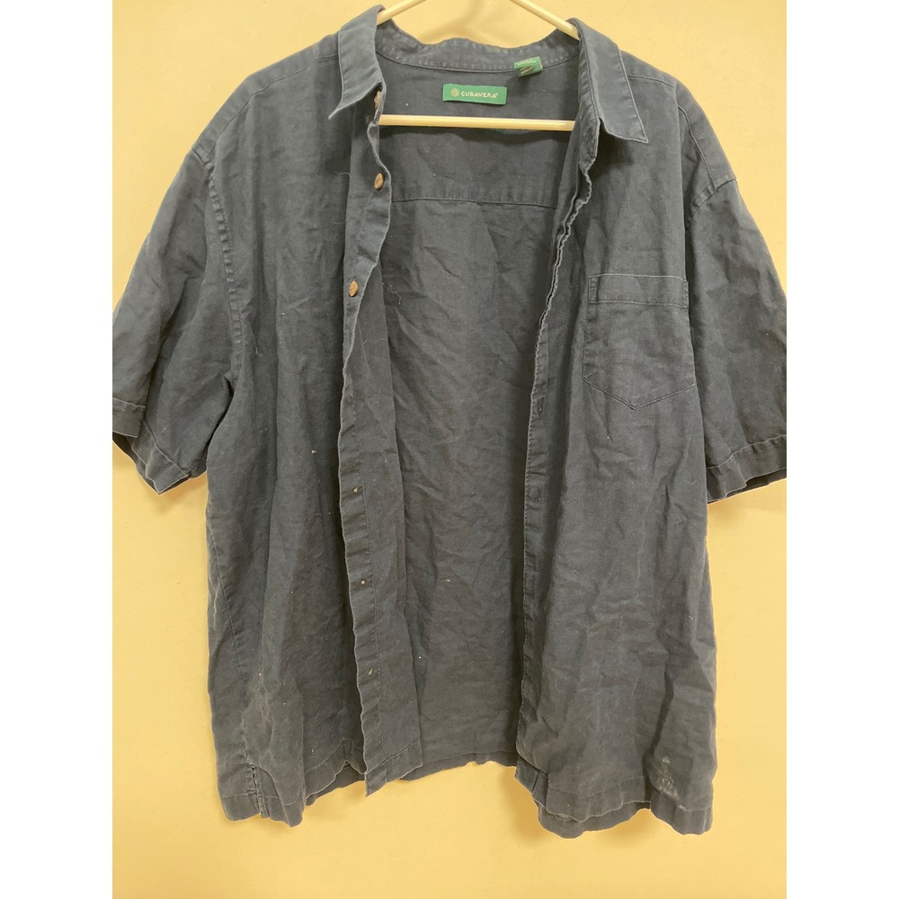 Cubavera Mens XXL Navy Blue Linen Blend Short Sleeve Button Down Shirt Pocket